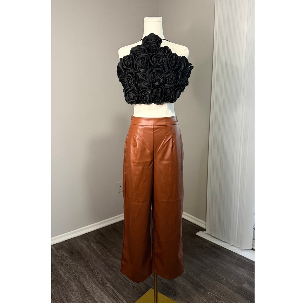Nova Luxe Halter Crop Top Black 3D Rosette Halter Crop Top Lace Up Back XL